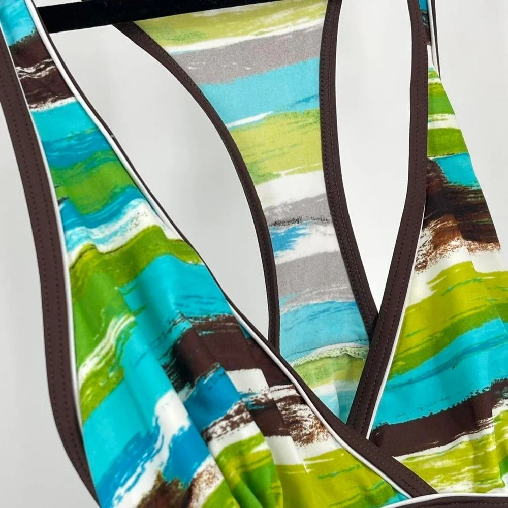 Y2K Striped Halter‎ Tankini Swim Top Brown Green Boho Beachy Tropical Small